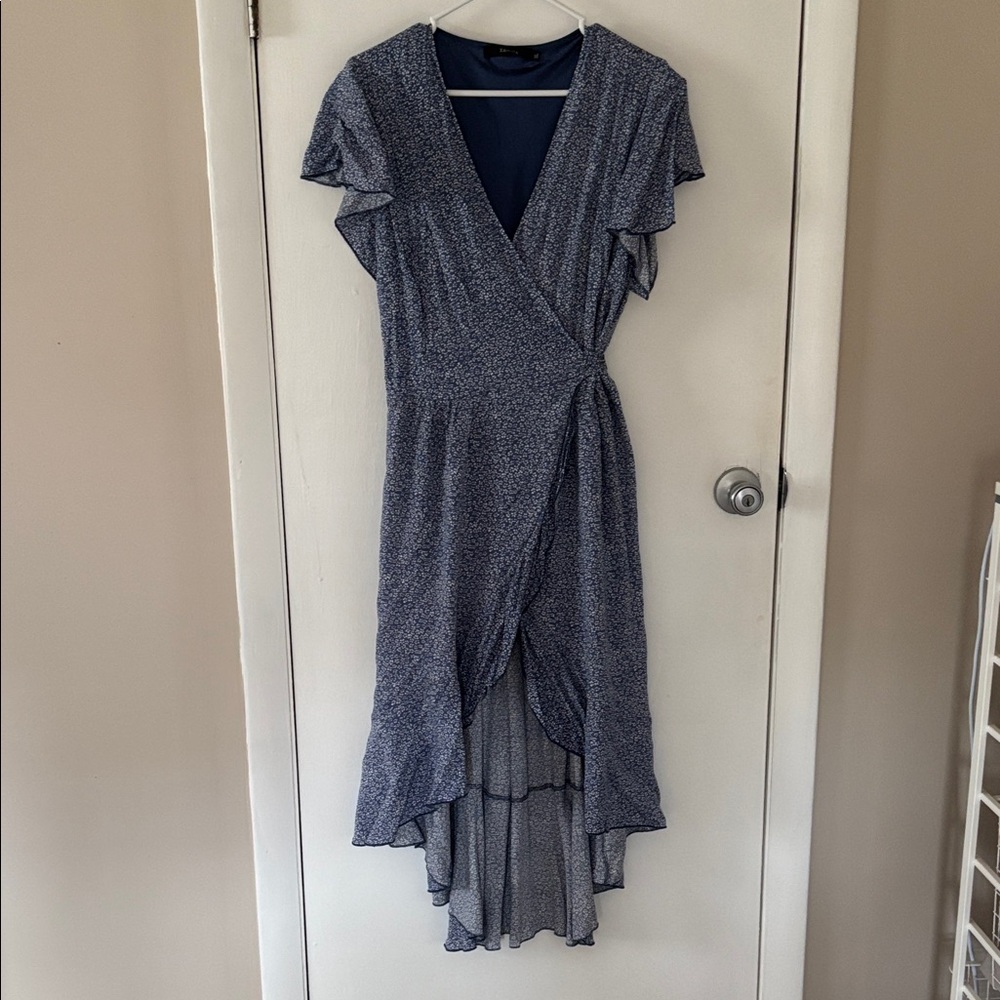 Navy and white  Floral Wrap High-Low Dress with Ruffle Sleeves